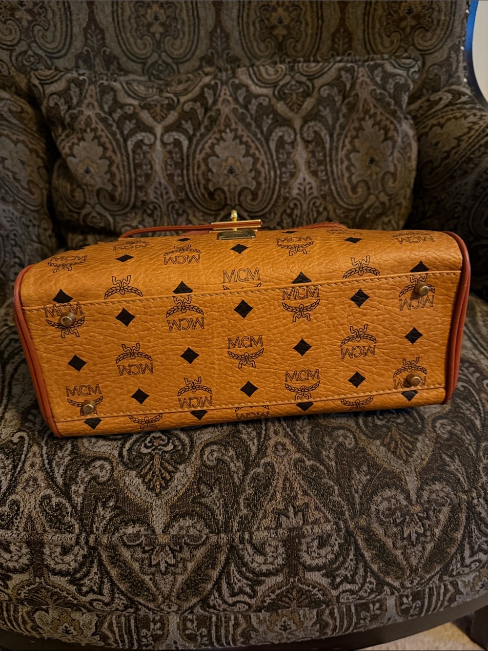 MCM Cognac Logo Visetos Top Handle Satchel with Gold Hardware - Picture 5 of 11